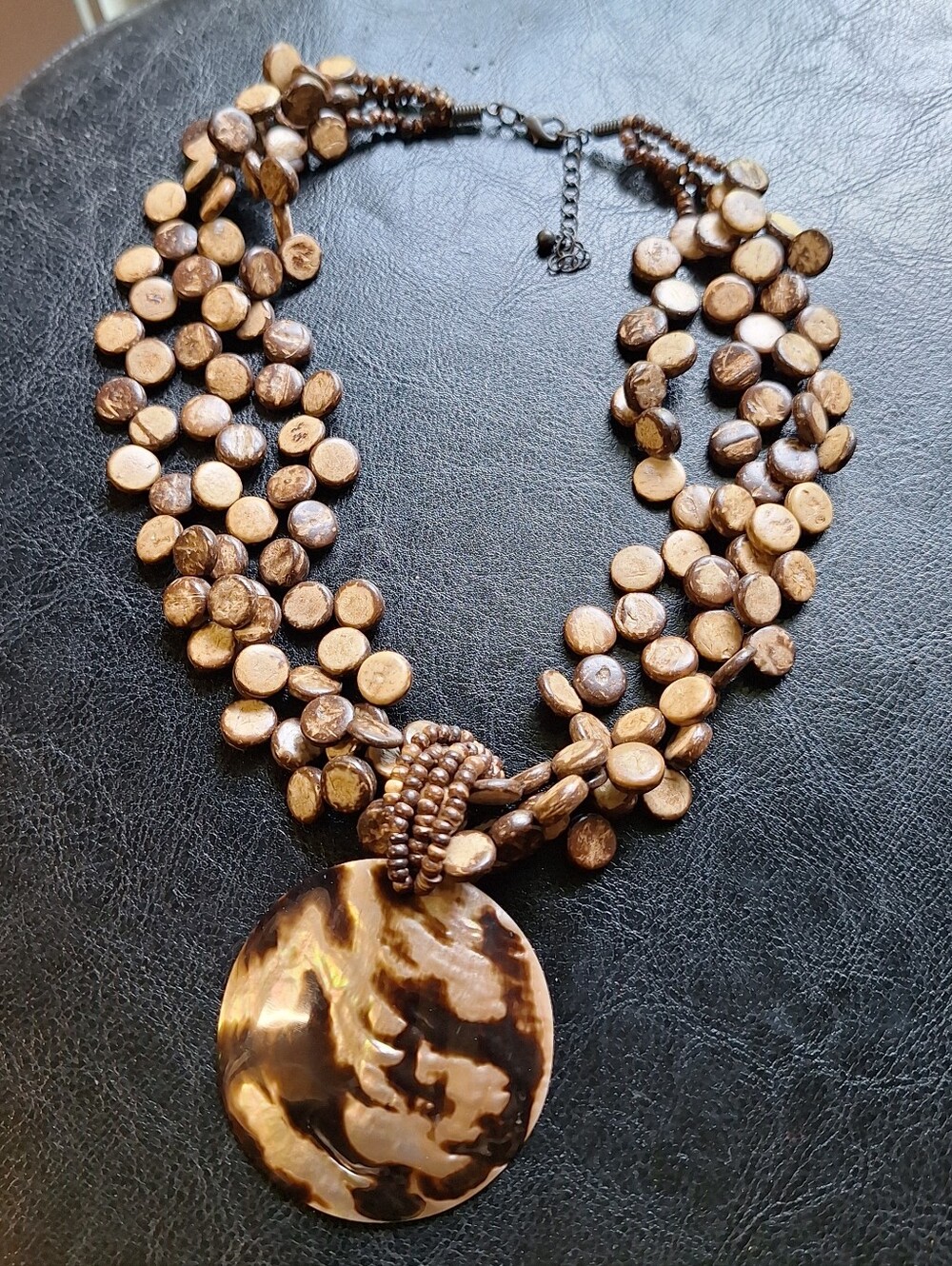Brown Shell Bead Multi-Strand Pendant Necklace Large Abalone Pendant Vacation